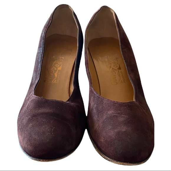 Vintage Salvatore Ferragamo Brown Suede Pumps W/ Tortoise Pattern Lucite Heels